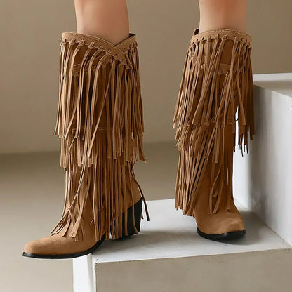 Women’s Fringe Knee-High Boots Western Style