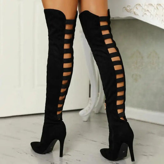 Botas de tacón alto para mujer, caladas, sobre la rodilla