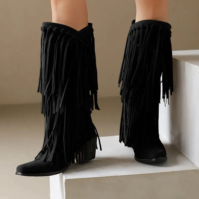 Women’s Fringe Knee-High Boots Western Style
