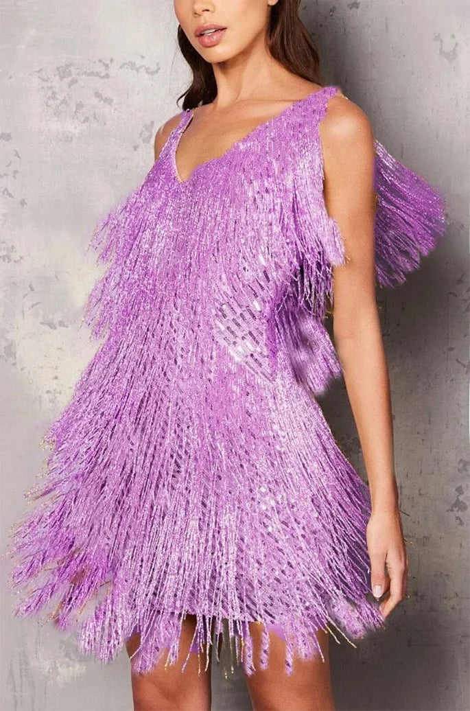 Vestido de cóctel de mujer con flecos de plumas