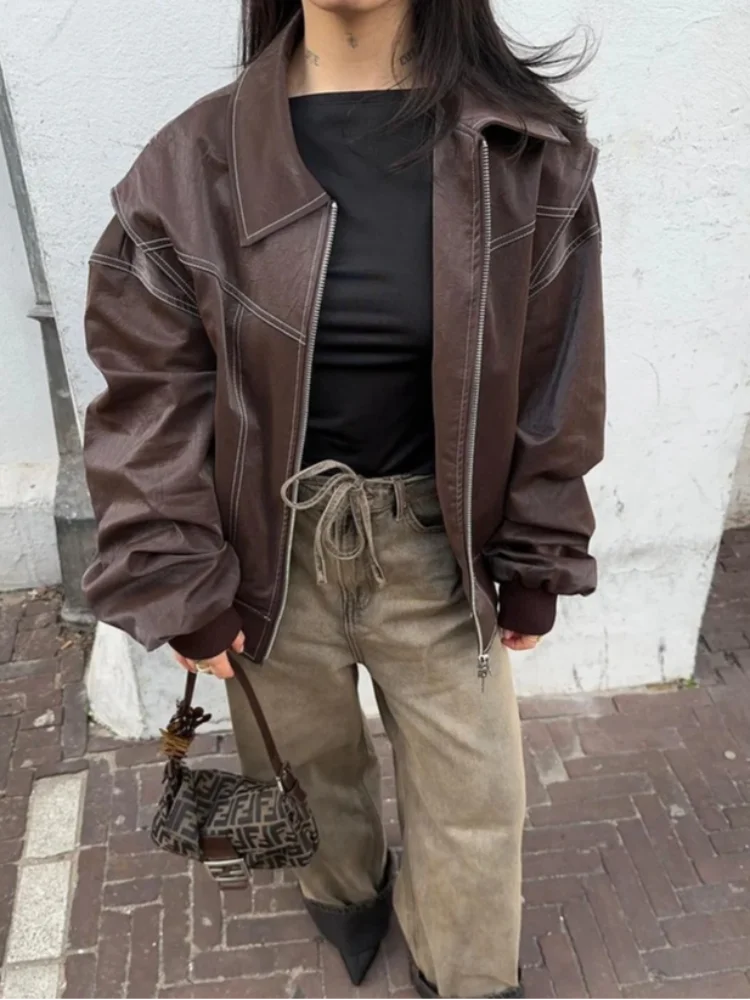 Women’s Oversized Leather Bomber Zip Jacket