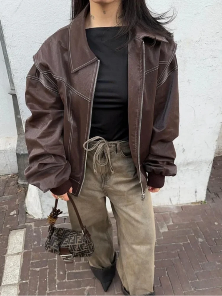 Women’s Oversized Leather Bomber Zip Jacket