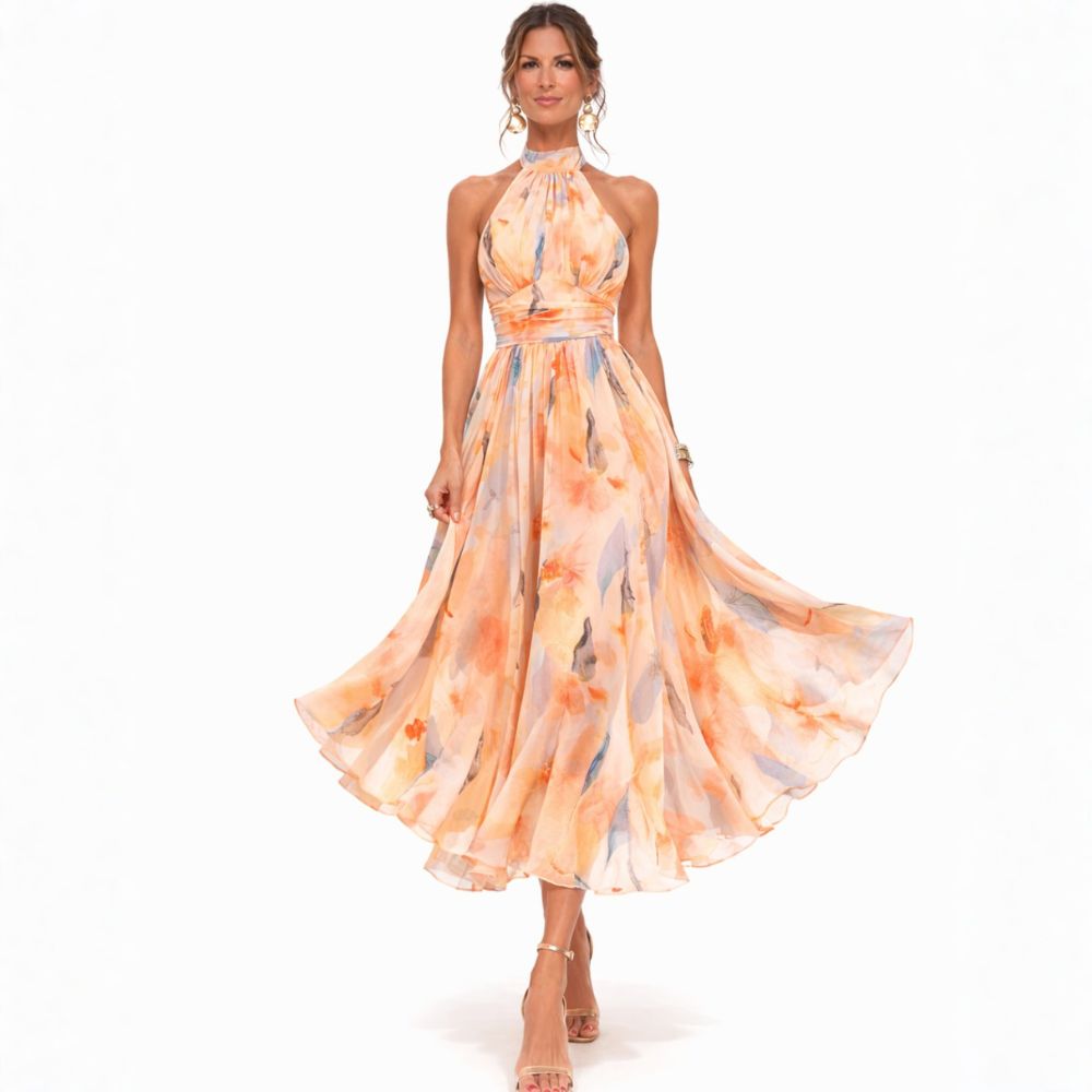 LIA | WATERCOLOR PRINT HALTER DRESS