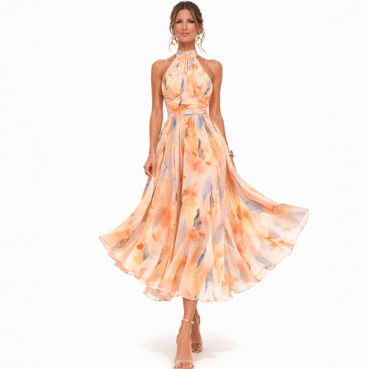 LIA | WATERCOLOR PRINT HALTER DRESS