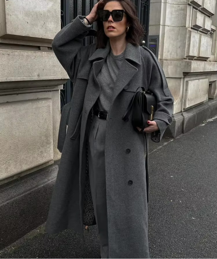 Abrigo Largo de Lana de Invierno Tipo Trench