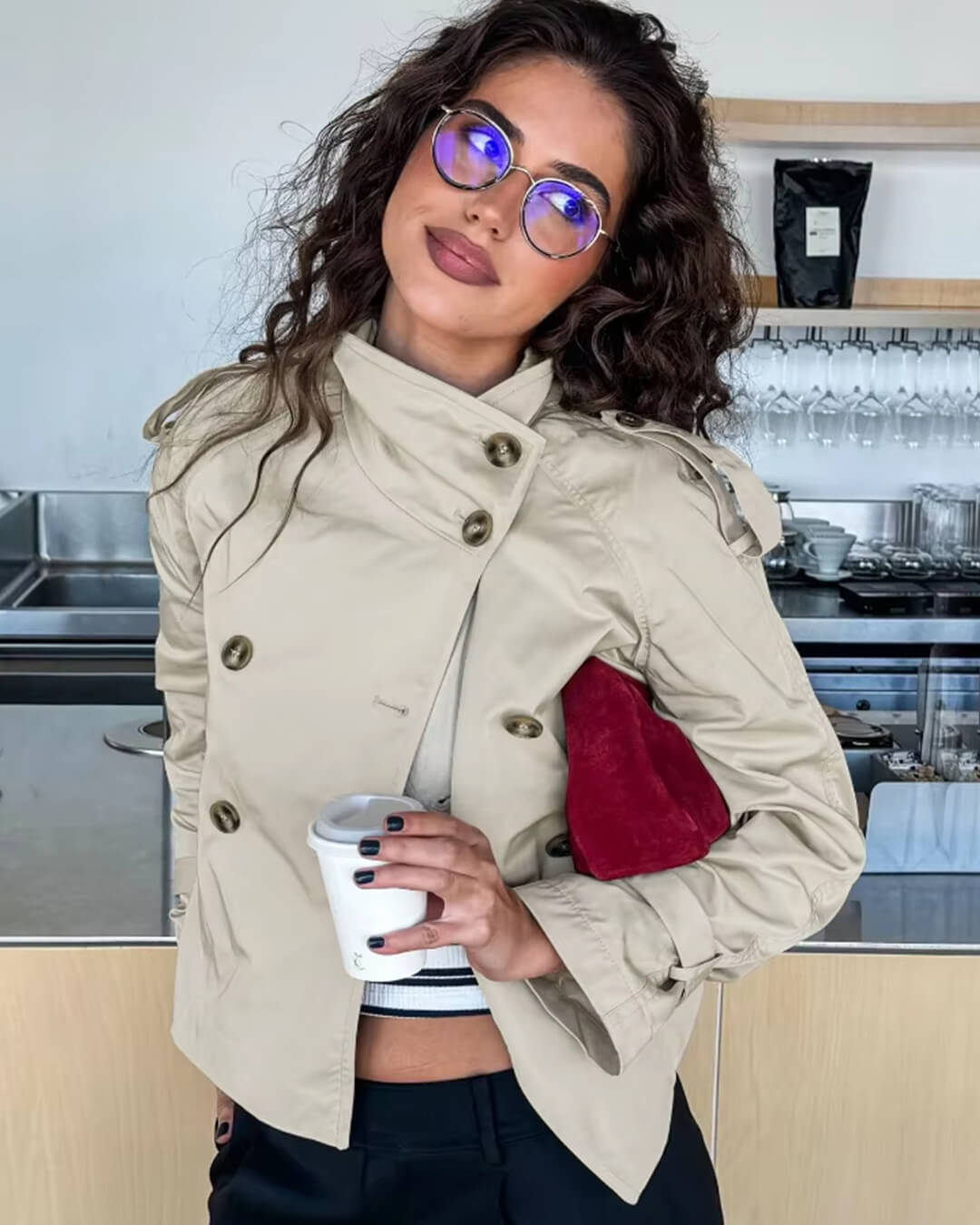 Chaqueta gabardina cruzada con cinturón de invierno para mujer