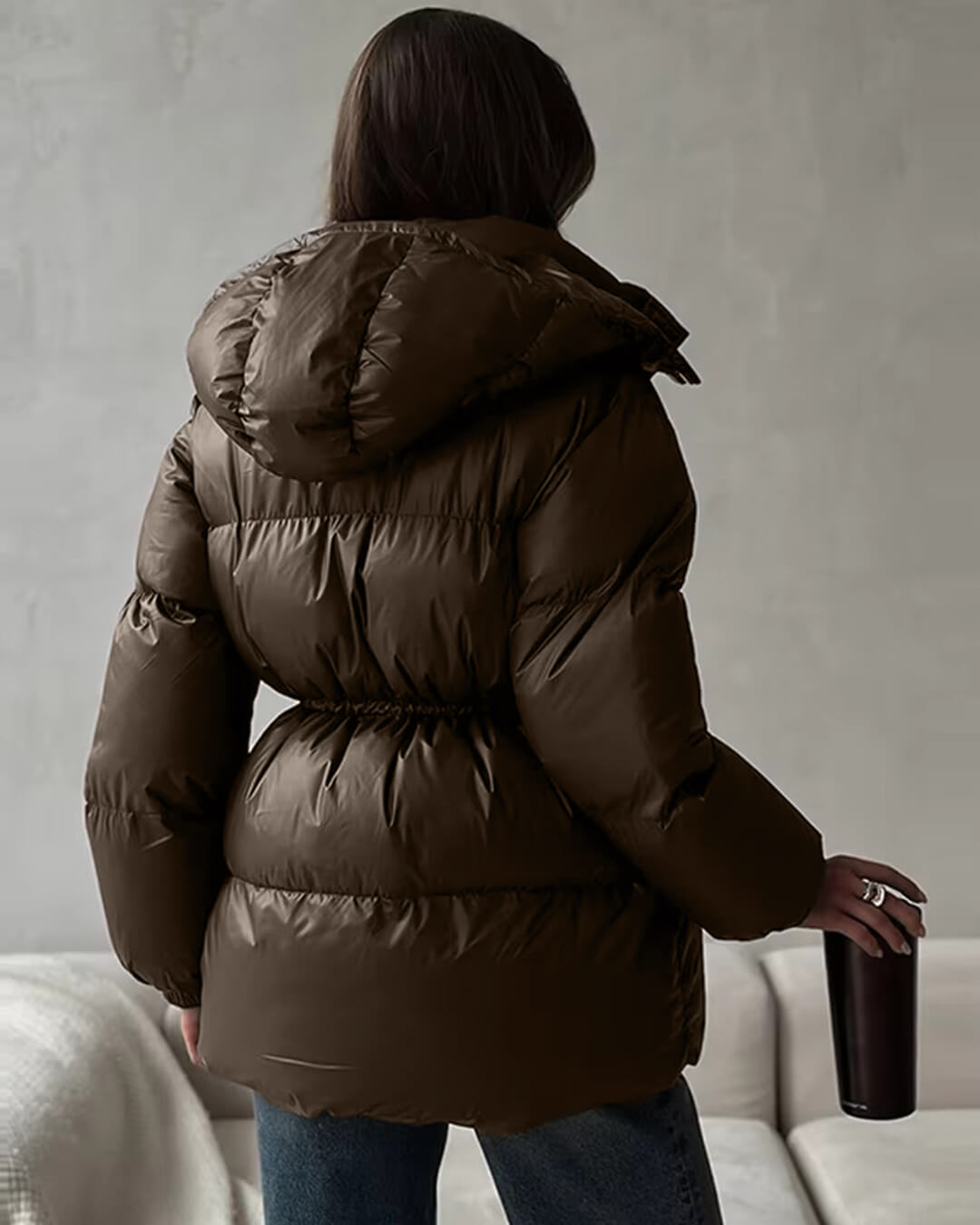Chaqueta Acolchada Brillante con Cordón Ajustable para Invierno