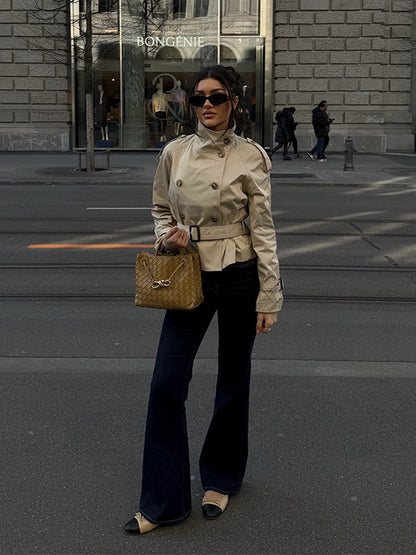 Chaqueta gabardina cruzada con cinturón de invierno para mujer