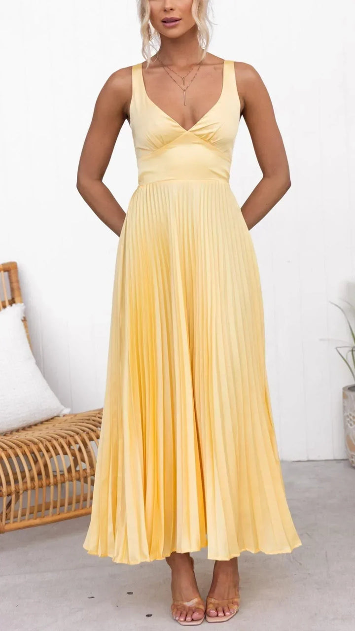 Vestido maxi plisado con cuello de pico para mujer