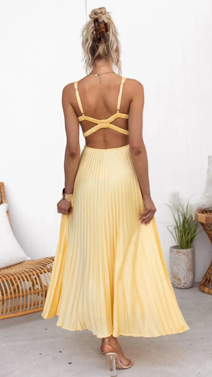 Vestido maxi plisado con cuello de pico para mujer