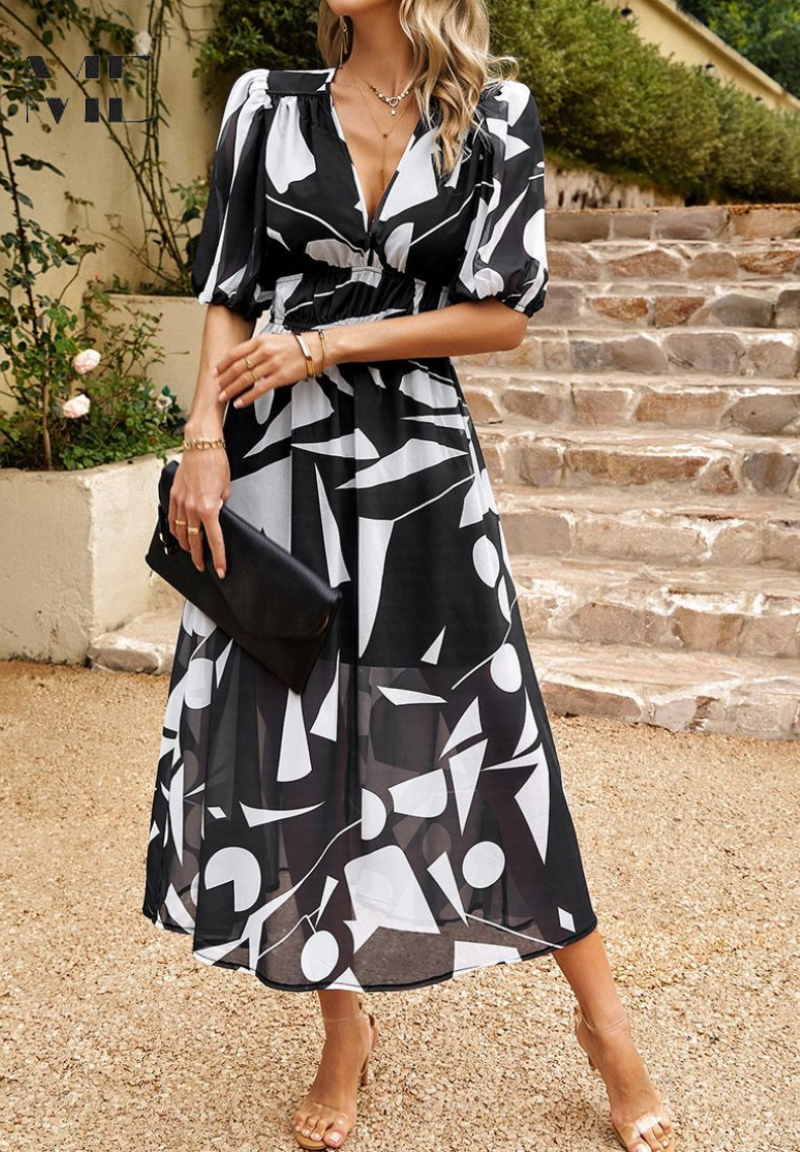 Women’s Abstract Print Belted Midi Dress