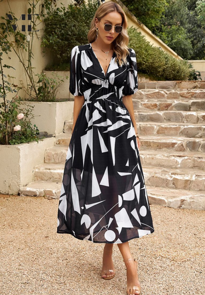 Women’s Abstract Print Belted Midi Dress