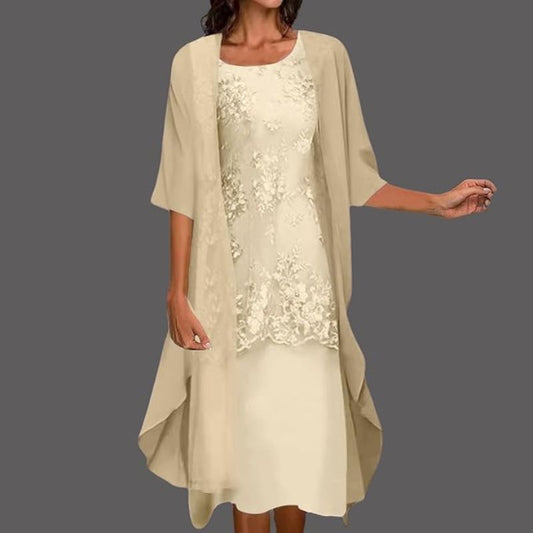 Women's Lace Overlay Two-Piece Midi Dress