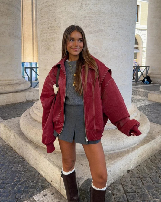 Women’s Oversized Leather Bomber Zip Jacket