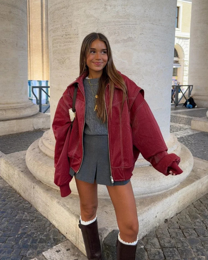 Women’s Oversized Leather Bomber Zip Jacket