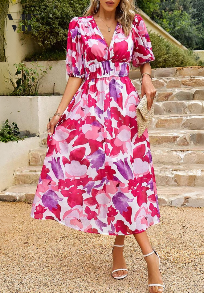 Women’s Abstract Print Belted Midi Dress