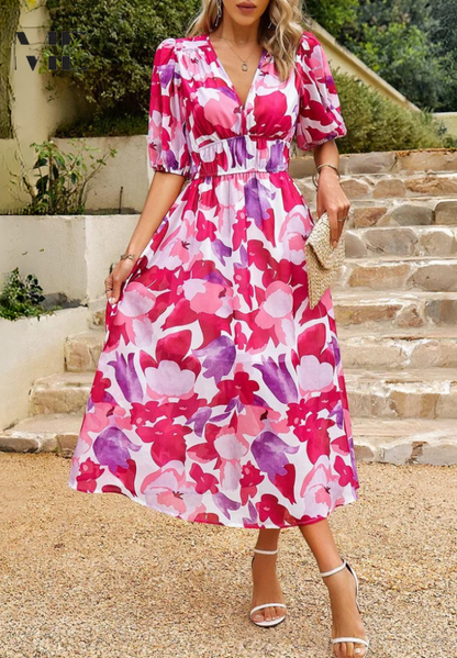 Women’s Abstract Print Belted Midi Dress