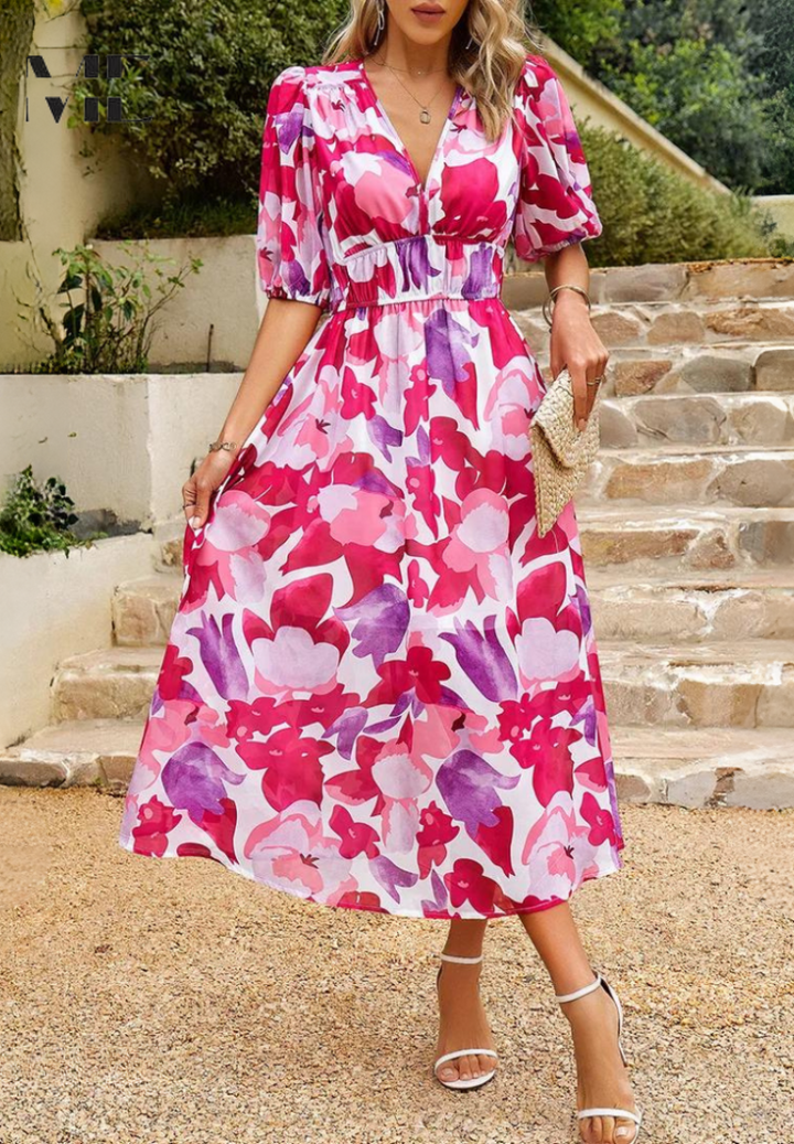 Women’s Abstract Print Belted Midi Dress