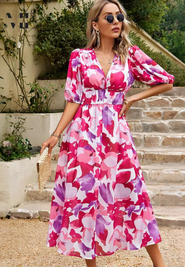 Women’s Abstract Print Belted Midi Dress