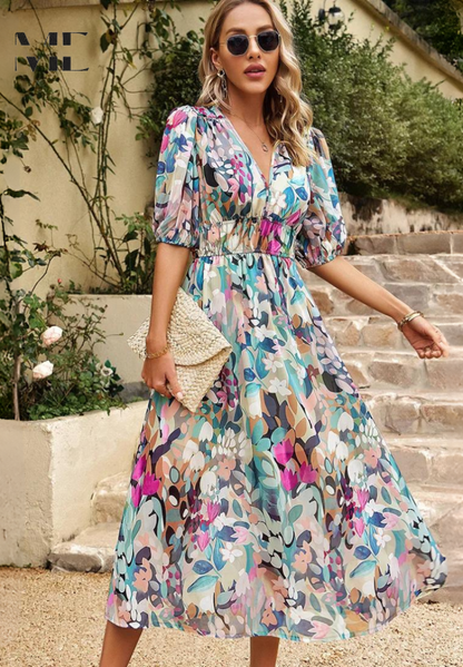 Women’s Abstract Print Belted Midi Dress
