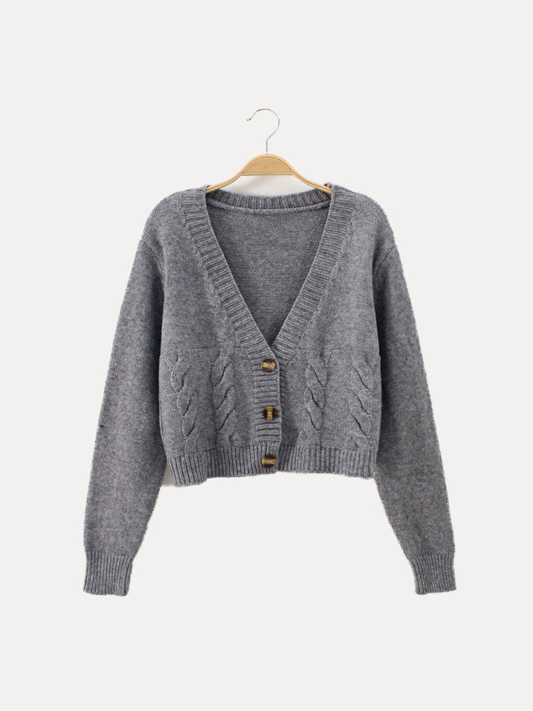 Women’s Buttoned V-Neck Knit Crop Sweater