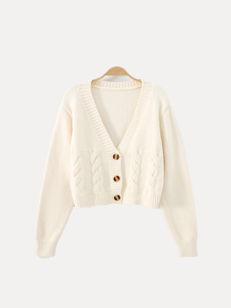 Women’s Buttoned V-Neck Knit Crop Sweater