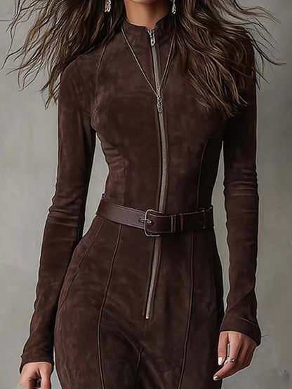 Suede Dress with Belt and Zipper
