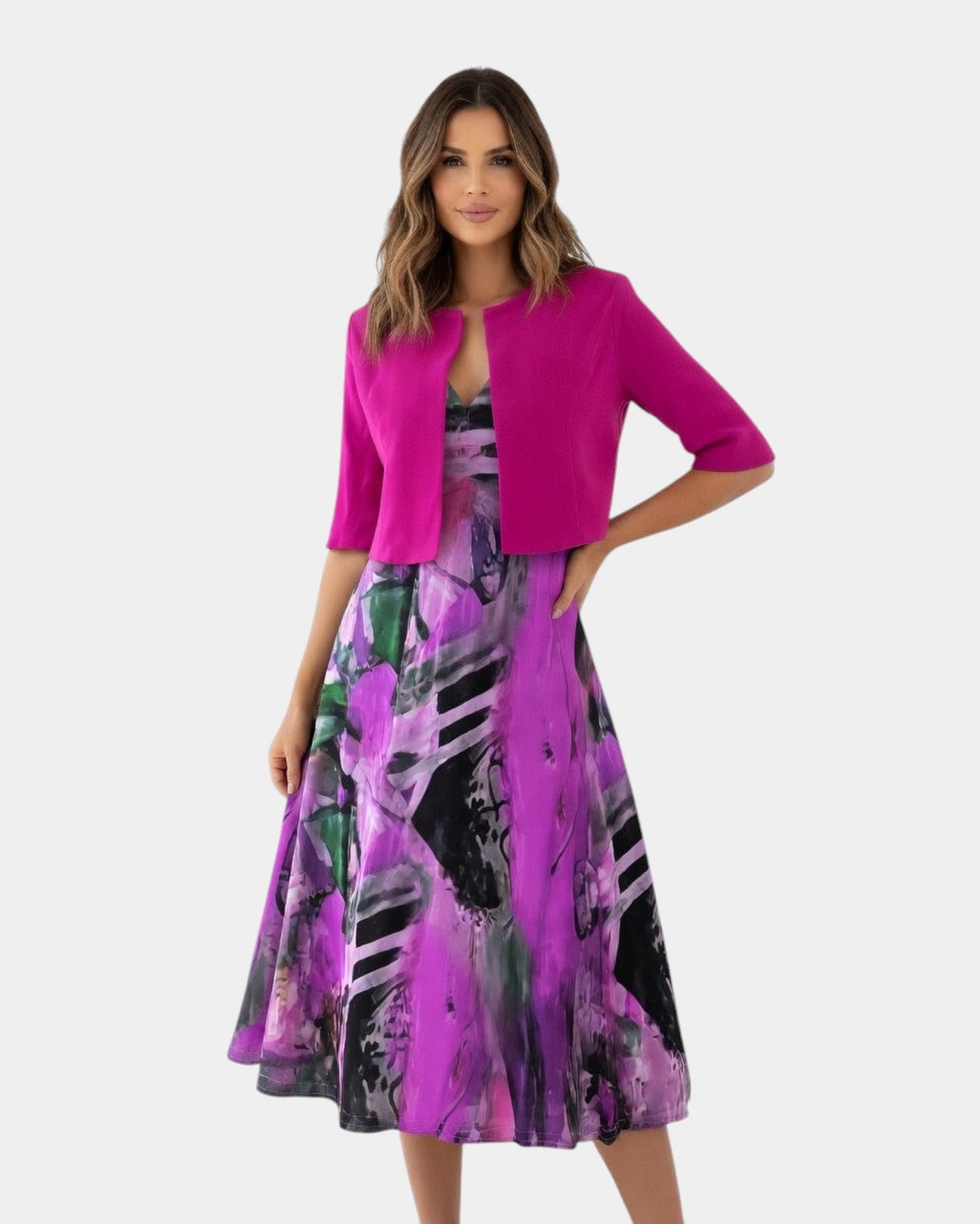 Stacy | Printed Fluid Midi Dress with Matching Jacket