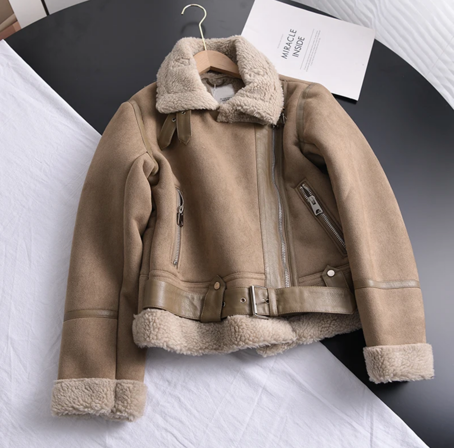 Women’s Chic Shearling-Lined Moto Jacket