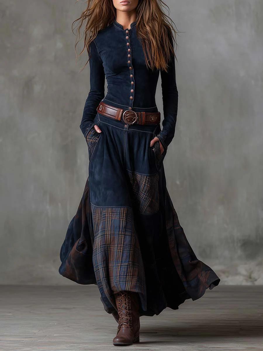 Vintage Long Dress in Navy Blue Suede Check (Includes Belt)