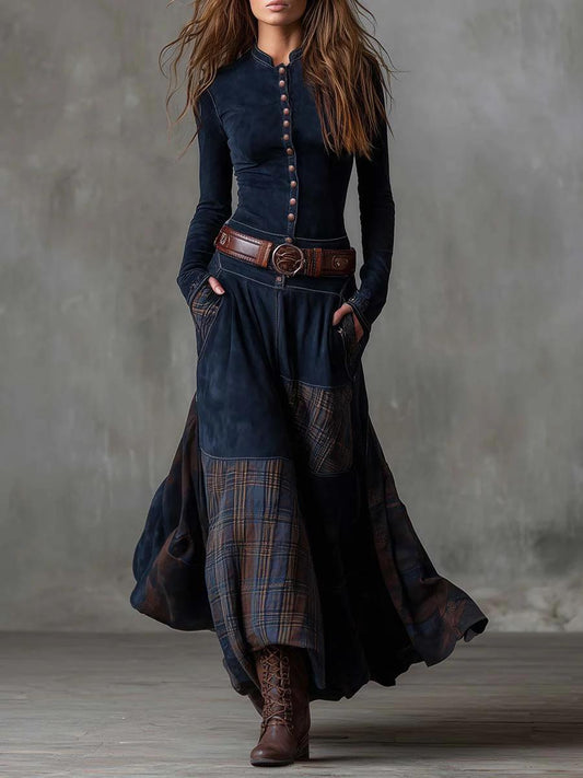 Vintage Long Dress in Navy Blue Suede Check (Includes Belt)