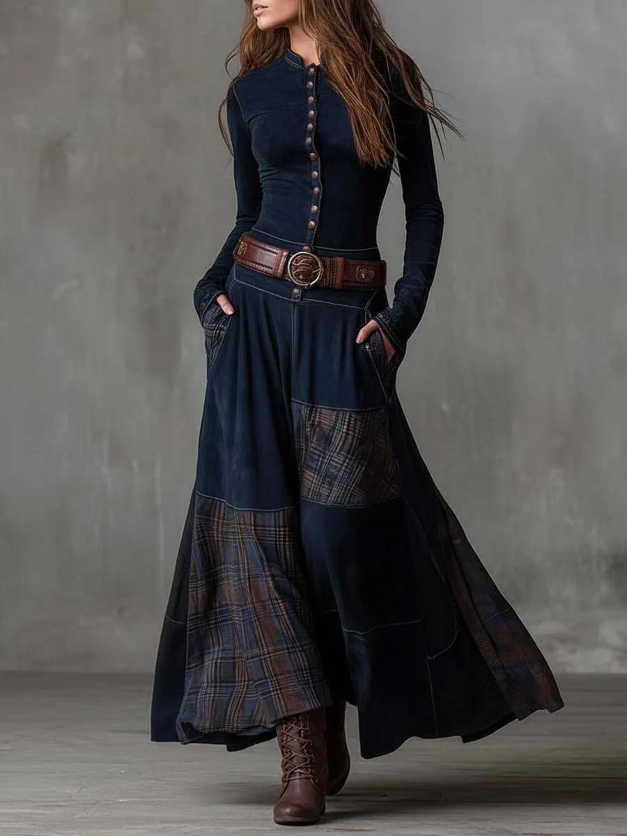 Vintage Long Dress in Navy Blue Suede Check (Includes Belt)