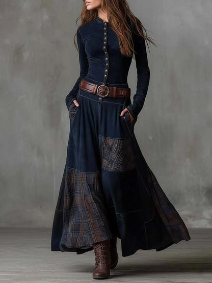Vintage Long Dress in Navy Blue Suede Check (Includes Belt)