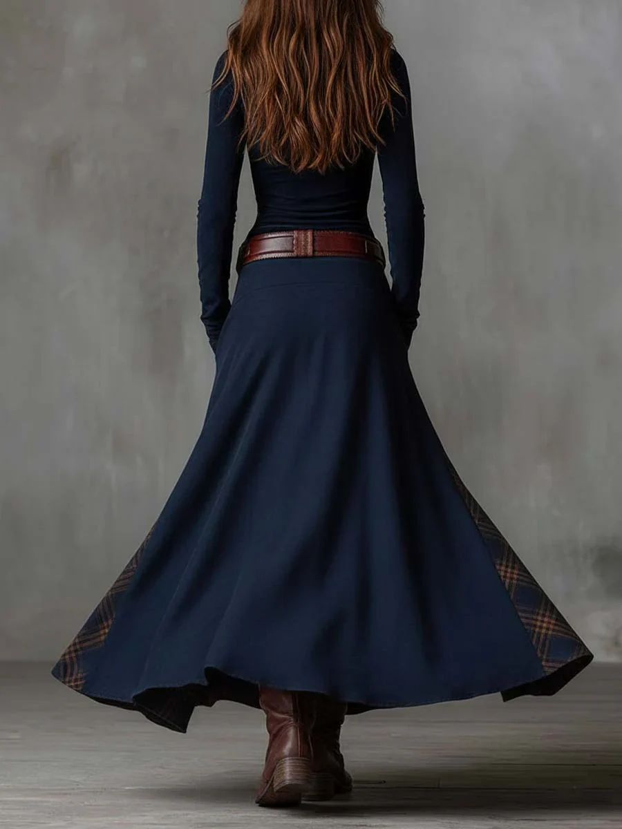 Vintage Long Dress in Navy Blue Suede Check (Includes Belt)