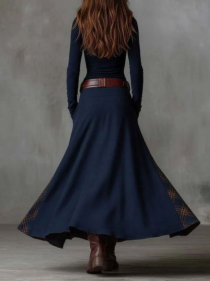 Vintage Long Dress in Navy Blue Suede Check (Includes Belt)