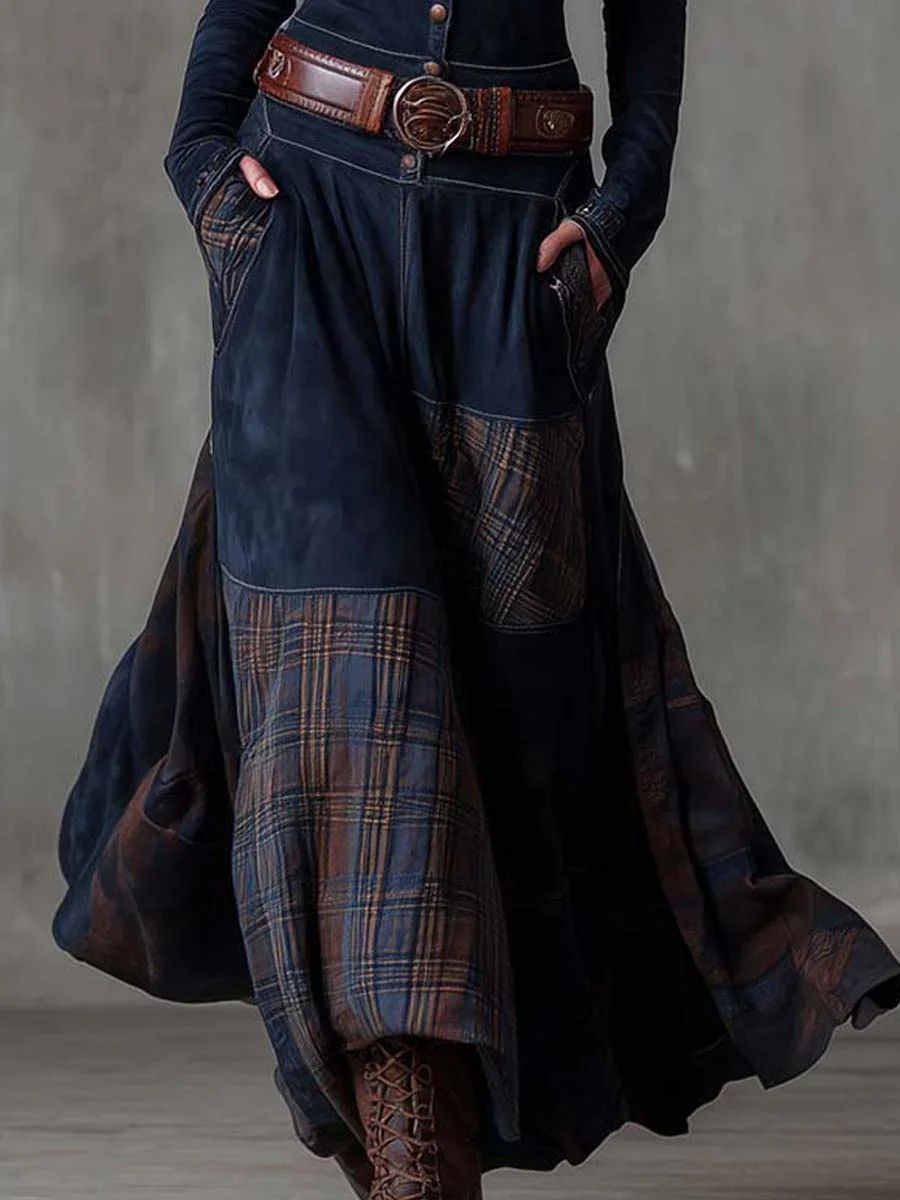 Vintage Long Dress in Navy Blue Suede Check (Includes Belt)