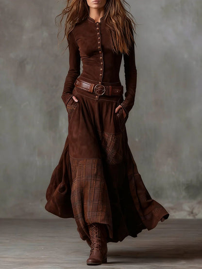 Vintage Long Dress in Navy Blue Suede Check (Includes Belt)
