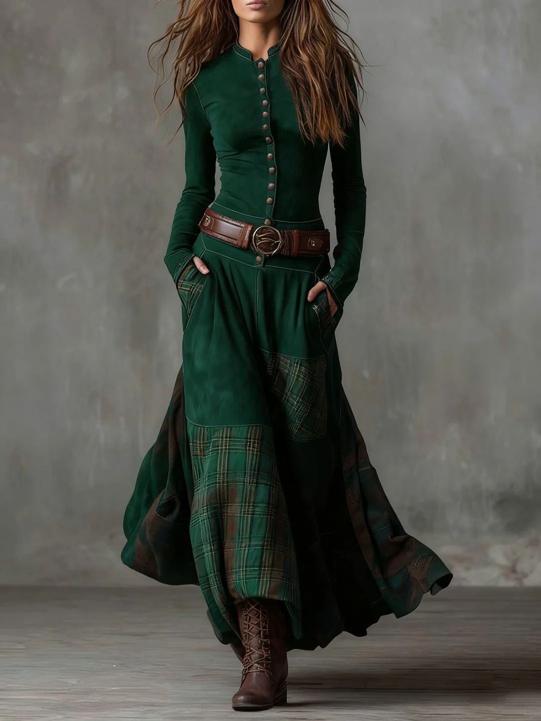 Vintage Long Dress in Navy Blue Suede Check (Includes Belt)