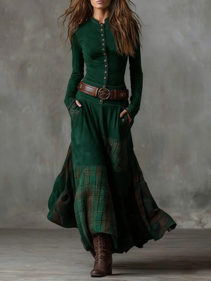 Vintage Long Dress in Navy Blue Suede Check (Includes Belt)