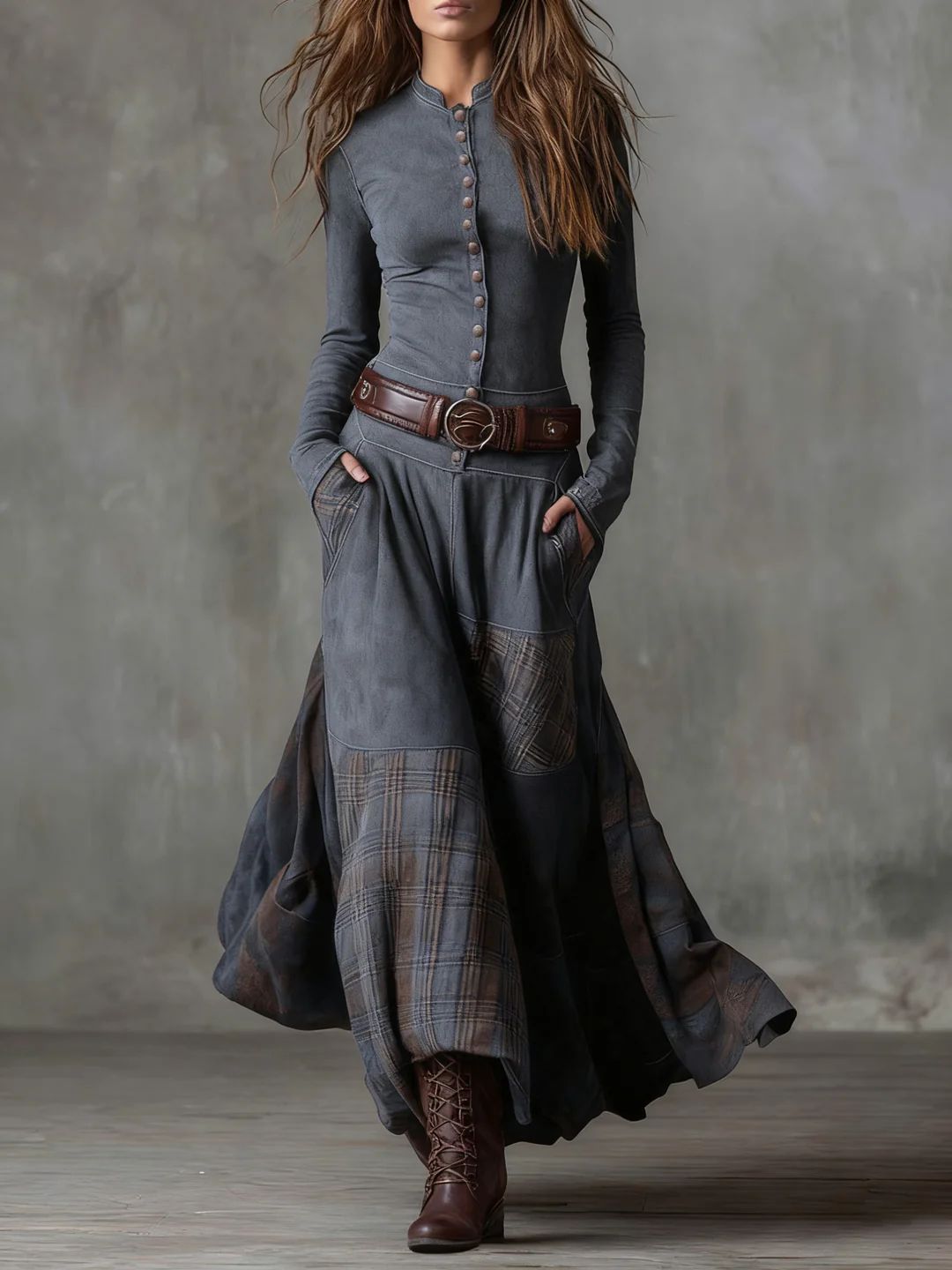 Vintage Long Dress in Navy Blue Suede Check (Includes Belt)