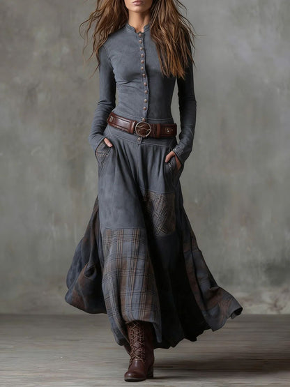 Vintage Long Dress in Navy Blue Suede Check (Includes Belt)