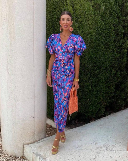 Vibrant Midi Dress with Puff Sleeves