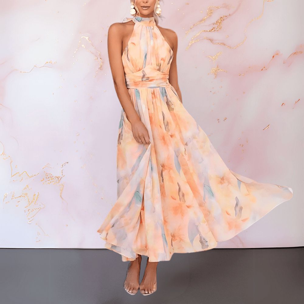 Watercolor Halter Flowy Maxi Dress