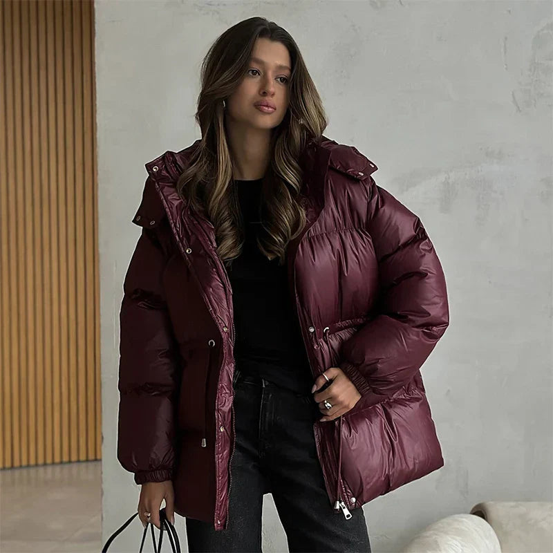 Winter Drawstring Shiny Puffer Jacket