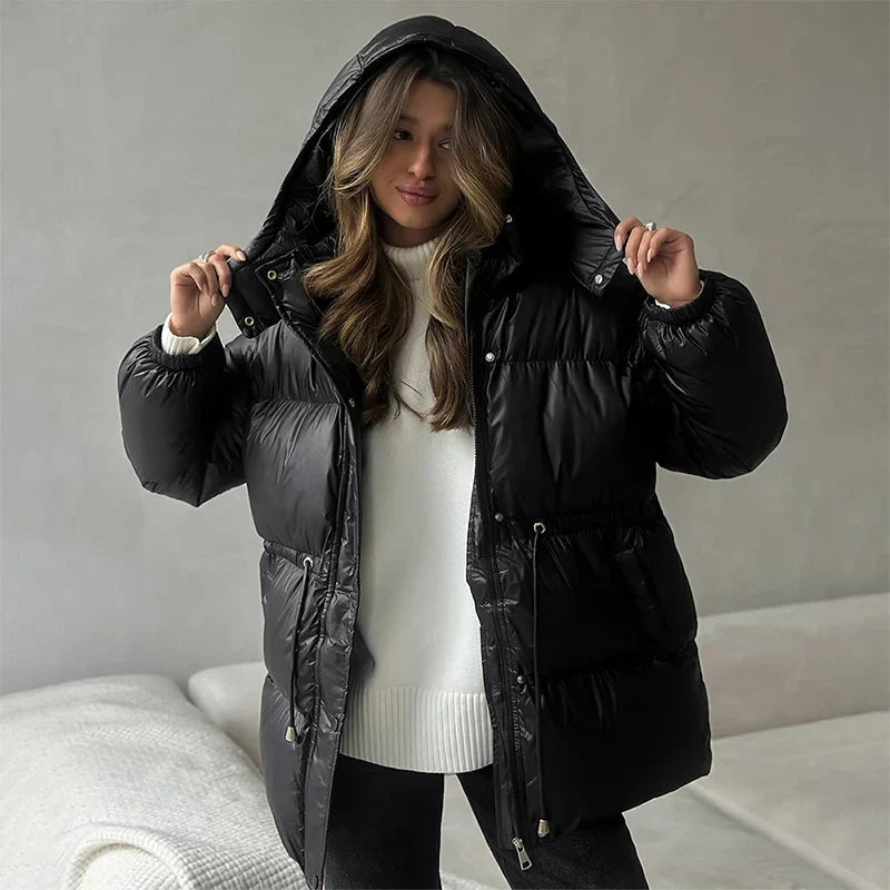 Winter Drawstring Shiny Puffer Jacket