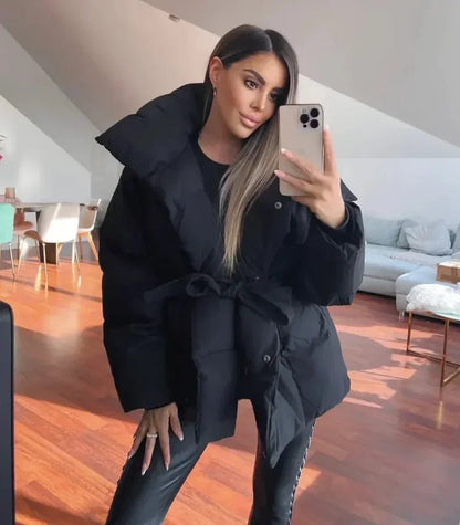 Winter Belted Puffer Coat For Women