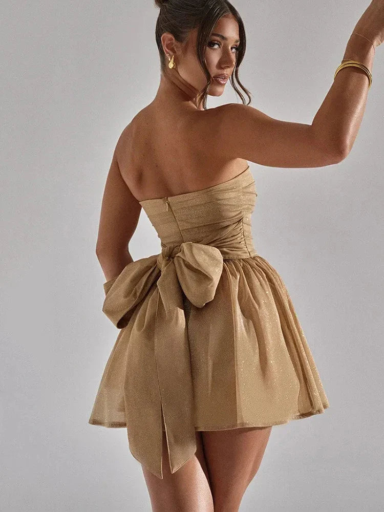 Women’s Strapless Pleated Mini Dress with Flared Hem