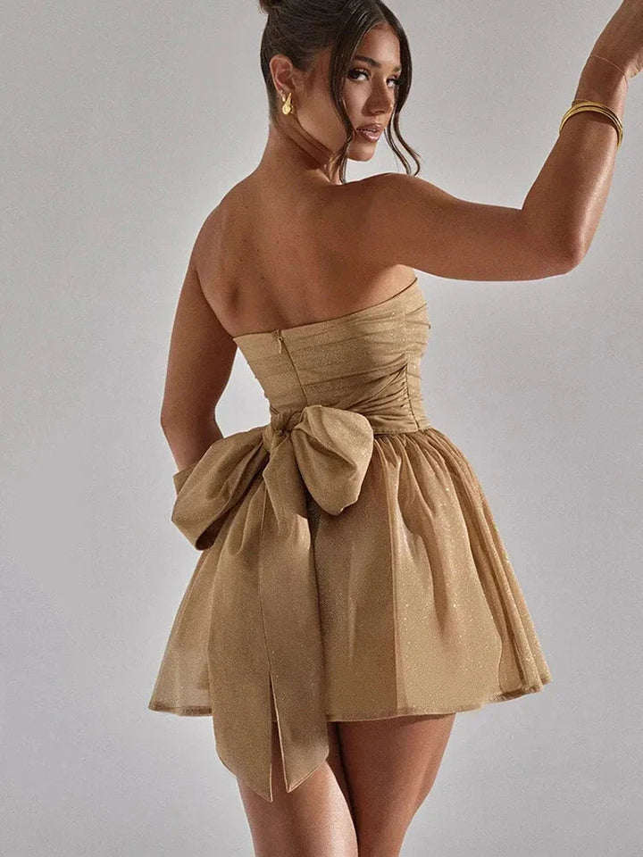Women’s Strapless Pleated Mini Dress with Flared Hem