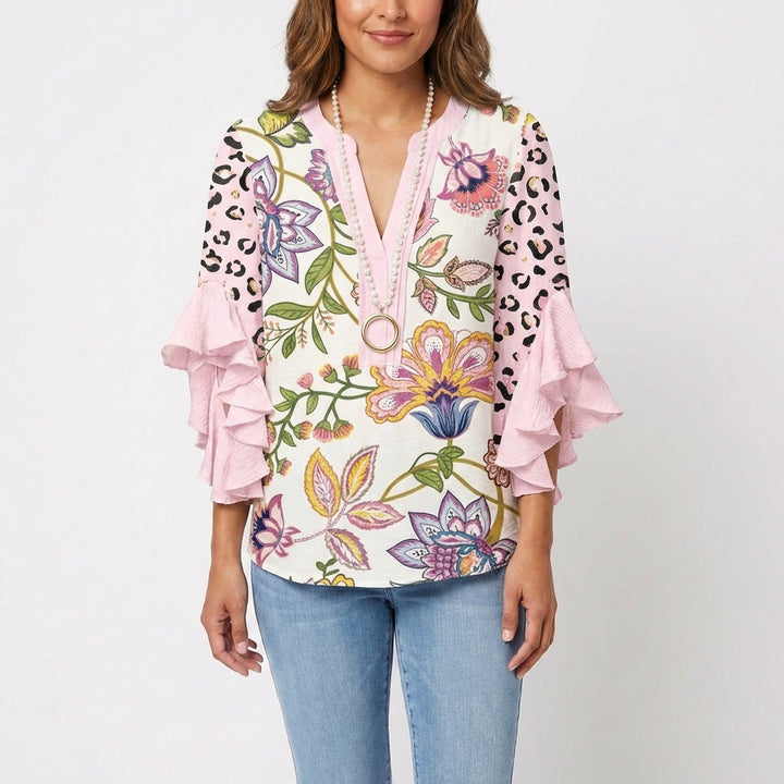 Wren | Women's Cotton Baroque Floral Ruffle Sleeve V-Neck Blouse