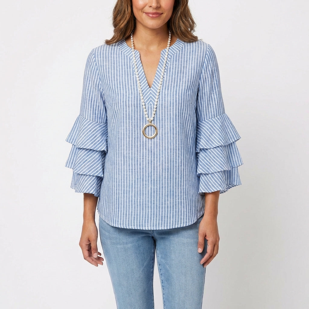Wren | Women's Cotton Baroque Floral Ruffle Sleeve V-Neck Blouse